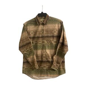 CABELAS Button Shirt Women L Aztec Chamois Flannel Southwestern Olive Taupe Soft